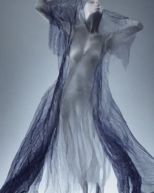 Prompt: mid shot render of an ethereal ghostlike figure fluid simulation in houdini dancing in dark smoke robes and silk veils by ilm, paolo roversi, nick knight, gill elvgren, beautiful futuristic simplified form distorted by turbulent movement, dark studio background, deep color, trending on artstation, hyperrealism, matte painting, dutch golden age, fine detail, zbrush central