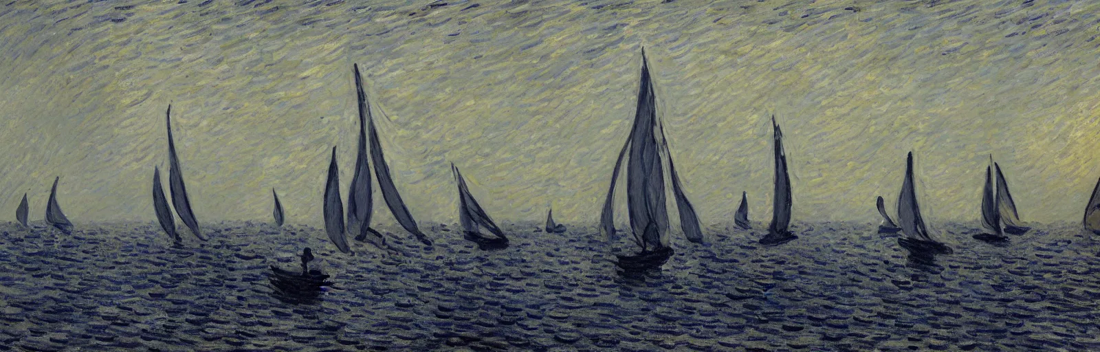 Image similar to An aesthetically pleasing, dynamic, energetic, lively, well-designed digital art of the sailboats on the ocean at night in a low mist, light and shadow, chiaroscuro, by Claude Monet and Vincent Van Gogh, superior quality, masterpiece, excellent use of negative space. 8K, superior detail.