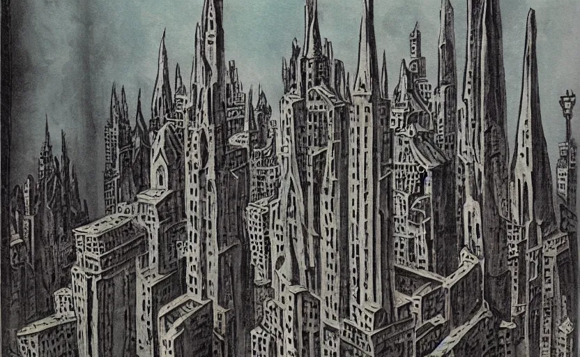 Prompt: a landscape painting of neo - gothic skyscrapers in a large cavern, claymation, henri berthaut, ( ( colored pen ) ), art - deco, absurdist, ink wash, miner kilbourne kellogg,