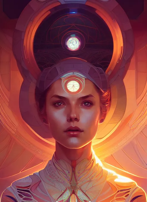 Image similar to symmetry, girl in a spaceship intricate, elegant, highly detailed, digital painting, artstation, concept art, smooth, sharp focus, illustration, art by artgerm and greg rutkowski and alphonse mucha