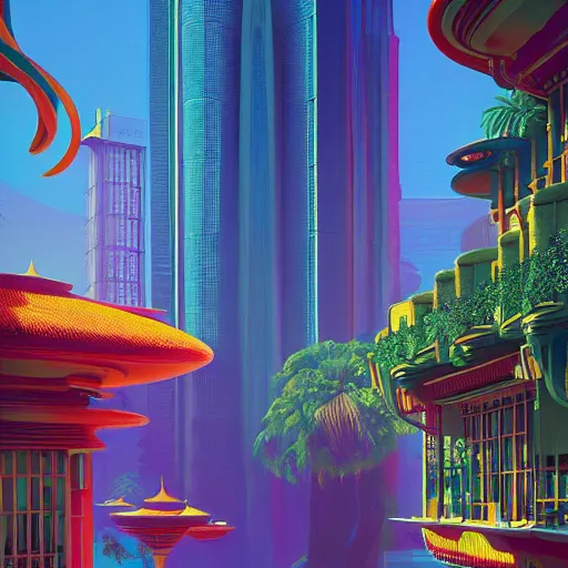 Prompt: lush palace village skyscrapers lagoon art nouveau vibrant colors hyper realism weird octane render by syd mead, tim white, paul lehr, greg rutkowski, frank gehry