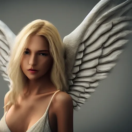 Image similar to very pretty blond female angel with wings, shallow depth of field, moody lighting, 8 k, concept art, wide angle,