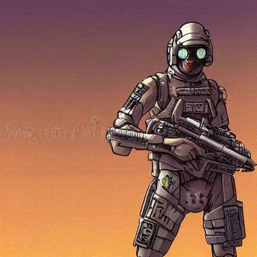 Prompt: a cyberpunk soldier with tactical gear and a rifle patrols a japanese city on mars, Industrial Scifi, detailed illustration, character portrait, by Martin Grip and Moebius