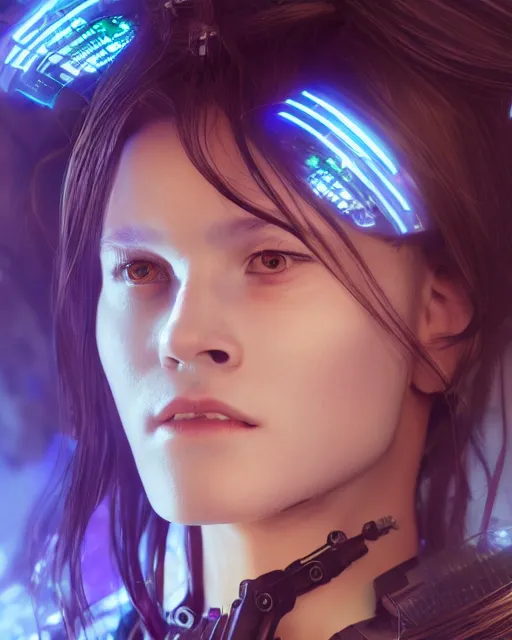 Image similar to a portrait of a beautiful 28th century cyberpunk female very young with long hair, largely biomechanical, hyper-realistic, very detailed unreal engine, by Artgerm, WLOP and Ross Thran, dramatic cinematic lighting rendered by octane, 8k, detailed, trending on artstation, deviantart, google images, pinterest