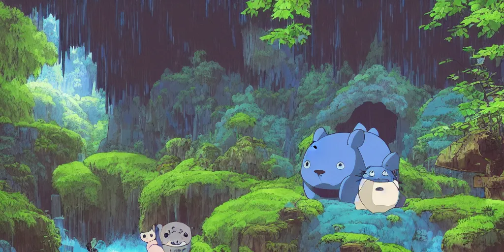 Prompt: blue bear shaped like totoro looking into large cave entrance in a lush forest with waterfalls, beautiful ambiance, studio ghibli style, by hayao miyazaki, sharp focus, highly detailed, 4k