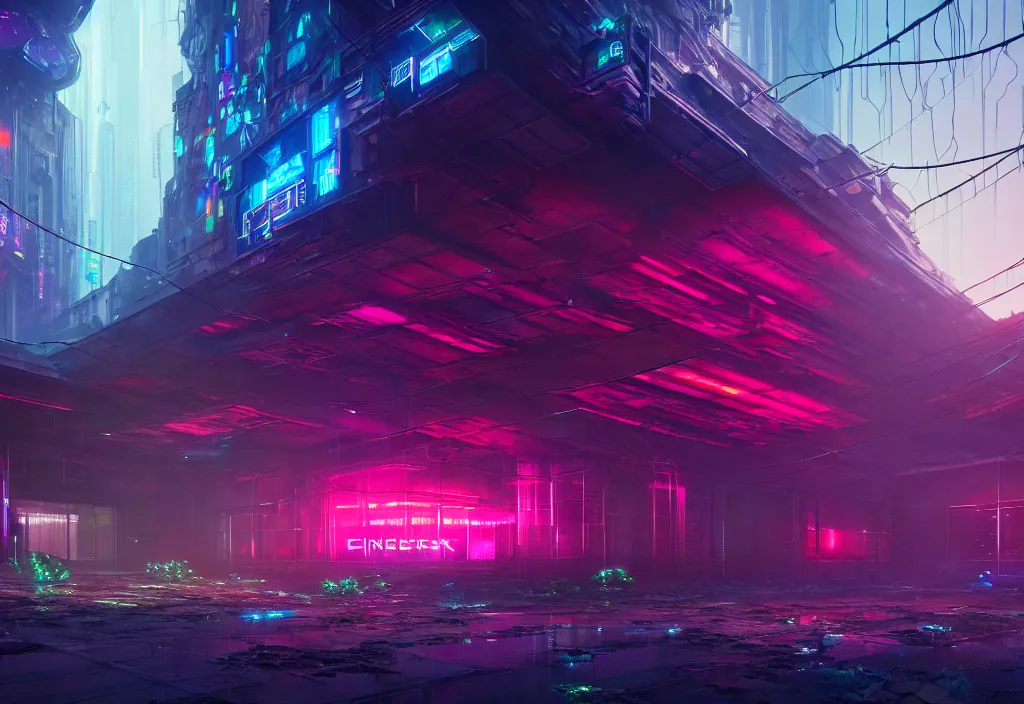 Image similar to A highly detailed crisp unreal engine render of A beautiful futuristic cyberpunk cybertech abandoned building with neon like plants, perfect well made rainbow on the sky, sunlight breaking through clouds, debris on the ground, abandoned machines by wangchen-cg, 王琛,Neil blevins, artstation