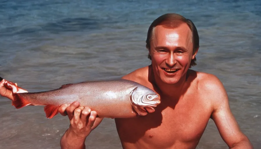 Image similar to 7 0 s movie still of putin in speedo, proudly holding a salmon, focus on his grin. cinestill 8 0 0 t _ 3 5 mm eastmancolor, heavy grain, high quality, high detail