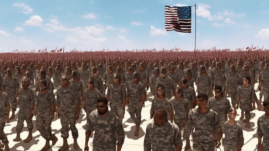 Image similar to Obama clones marching for war dress like the army from 300; render by Beeple, 4K