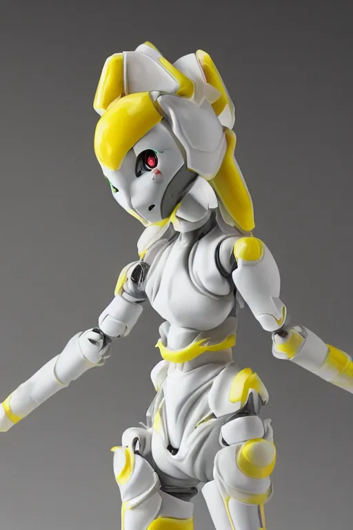 Prompt: a intricate anime figurine that looks like a white plastic anime robot with fluo colored details covered in yellow smoke, moody light, flemish painting