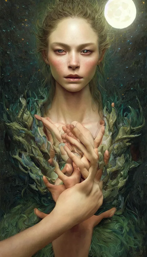 Prompt: epic masterpiece fire, sweaty skin, hyperrealistic, octane render, cinematic, night, moon, beautiful face and flawless skin, perfect hands, 5 fingers, emerald by Edgar Maxence and Ross Tran and Michael Whelan, Lorenzo Sperlonga Legends of Runeterra