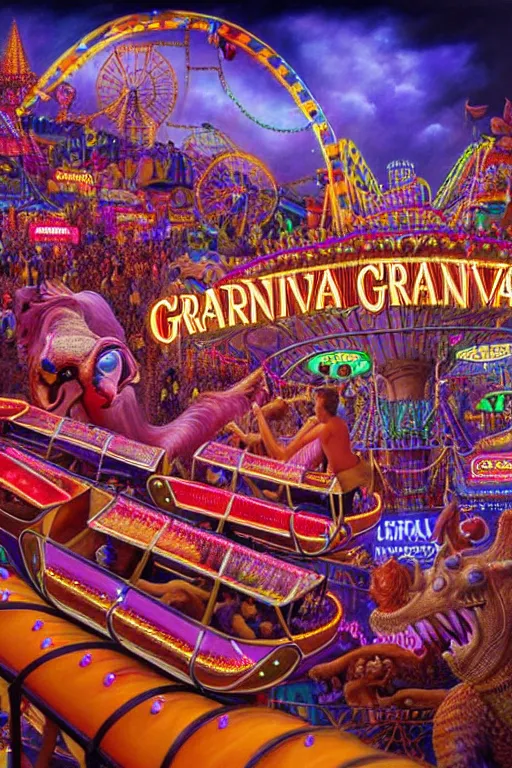 Prompt: a hyperrealistic detailed painting of a epic grandiose carnival in town with rides, games, prizes, glowing lights, colorful, chimeric creatures riding a rollercoaster. cinematic lighting, depth perspective, depth of field, cinematic angle, by chris cunningham and richard corben, highly detailed, vivid color,