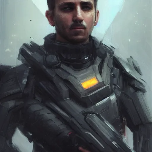 Image similar to Portrait of a man by Greg Rutkowski, he is about 20 years old, mixture turkish and russian, short dark blonde hair with bangs, attractive, angry but resigned look, he is wearing a futuristic tactical gear, highly detailed portrait, scifi, digital painting, artstation, concept art, smooth, sharp foccus ilustration, Artstation HQ.