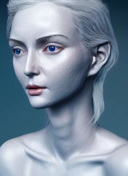 Prompt: 3 d render, hyper detailed, realistic female face and shoulders, white skin made from painted porcelain, white hair, fine facial features, white eyes and eyelashes, 8 k, 1 5 0 ml lens, elegant, white background pastel blue lighting, octane render, volumetric lighting,