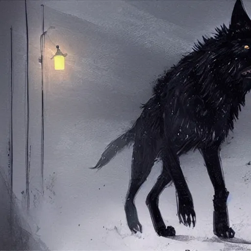 Prompt: a giant black wolf stalking through a suburb at midnight, by greg rutkowski