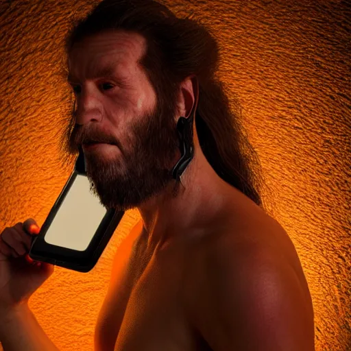 Image similar to realistic photo portrait of a prehistoric man giving a phone call, volumetric lights, trending on artstation, studio photo, intricate details, highly detailed