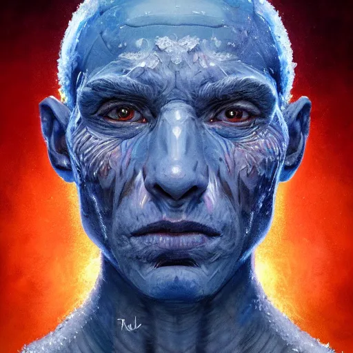 Prompt: Intricate five star Frost demon facial portrait by Pablo Picasso and Greg Rutkowski, oil on canvas, HDR, cinematic, vibrant colors, photo realistic, hyperrealism,high detail, matte finish, high contrast, 3d depth, masterpiece, vivid colors, artstationhd , deviantart