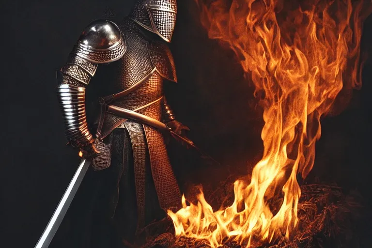 Prompt: photo of a medieval knight holding a sword in flames, award winning, ultradetailed