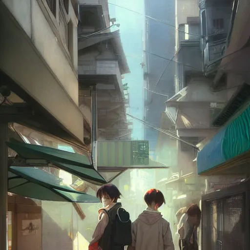 Prompt: i walked through streets around jr tachikawa and tama monorail stations, volumetric lighting, spring early morning, dew, nice weather, realistic illustration, perfectly shaded, soft painting, art by krenz cushart and wenjun lin