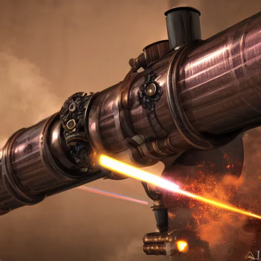 Image similar to a steampunk laser canon firing, octane render, highly detailed, trending on artstation,