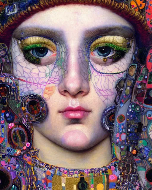 Prompt: a close up of beautiful decora cybergoth emo girl wearing a balaclava surrounded by colourful intricate patterns, by gustave klimt edgar maxence and caravaggio and michael whelan, intricate painting, hyper realistic, extremely detailed and beautiful aesthetic face, 8 k resolution