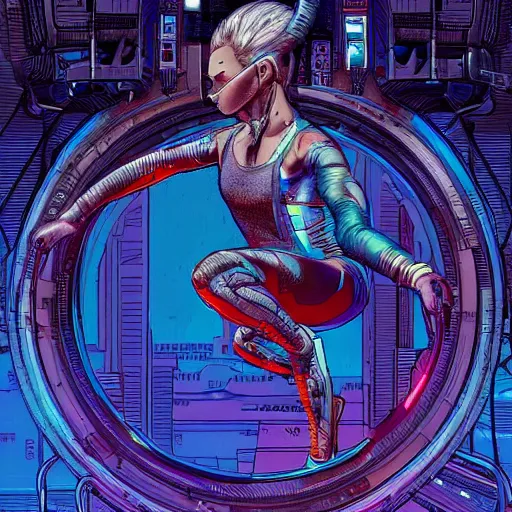 Image similar to a cyberpunk gymnast, centered in the frame, cyberpunk concept art by Jean Giraud and josan gonzales, digital art, highly detailed, intricate, sci-fi, sharp focus, Trending on Artstation HQ, deviantart, 4K UHD image