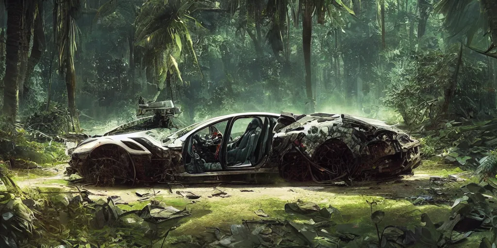 Image similar to Intricate detailed illustration, A crashed tesla being reclaimed by lush jungle, cinematic lighting, by Sparth and Greg Rutkowski, wide angle, volumetric light scattering, 8k, artstation, concept art,