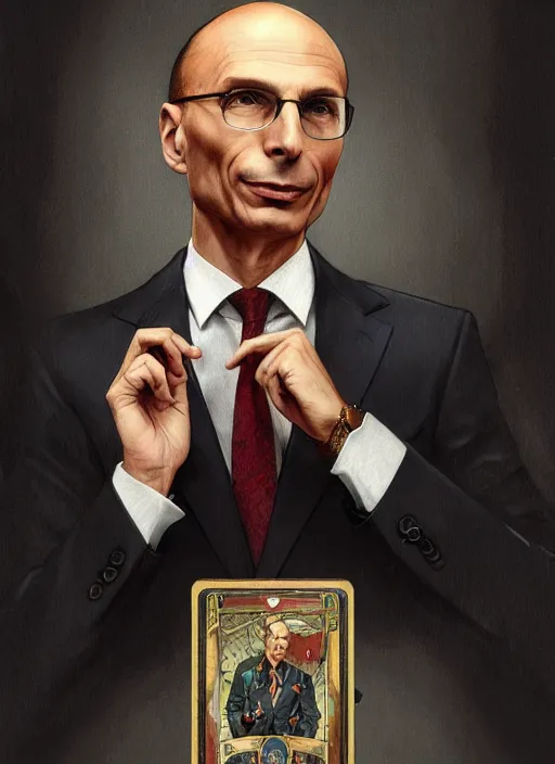 Image similar to enrico letta, wearing a suit, tarot card, deep focus, d & d, fantasy, intricate, elegant, highly detailed, digital painting, artstation, concept art, matte, sharp focus, italian flag, illustration, hearthstone, art by artgerm and greg rutkowski and alphonse mucha