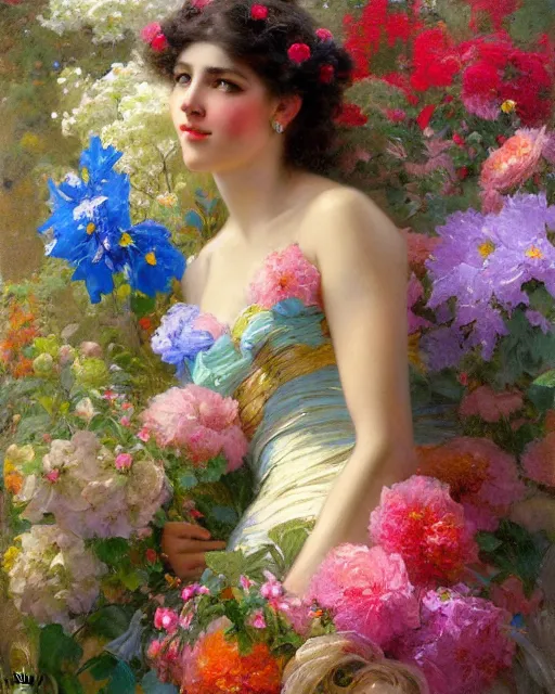 Prompt: an attractive girl wearing a colourful dress and surrounded by flowers. highly detailed painting by gaston bussiere, craig mullins, j. c. leyendecker 8 k
