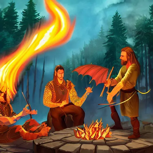 Image similar to dragons roasting kebabs near campfire, fire, magic, power metal album cover, fantasy epic legends game icon stylized digital illustration radiating a glowing aura global illumination ray tracing hdr fanart arstation by ian pesty and katarzyna da „ bek - chmiel