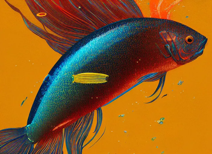 Prompt: dramatic art - portrait of a neon tetra fish from terraria, exotic fish, by wlop, james jean, victo ngai! muted colors, very detailed, art fantasy by craig mullins, thomas kinkade