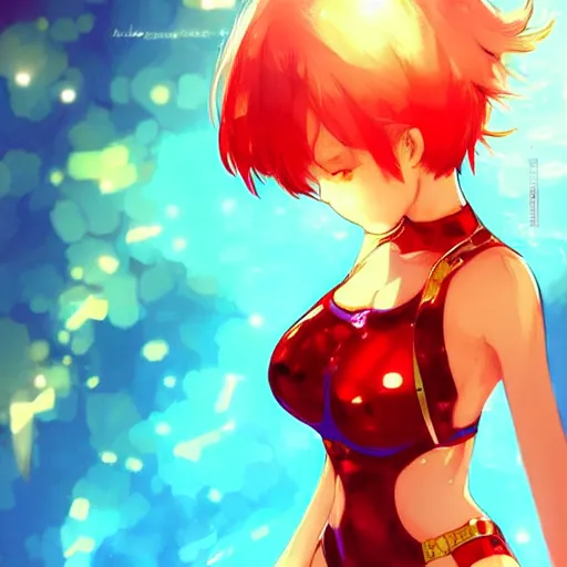 Prompt: digital anime art, cute girl, red mech arms and red mech legs, blue watery eyes!!!, gold short hair!!!, red bikini, full body!!!, wlop, rossdraws