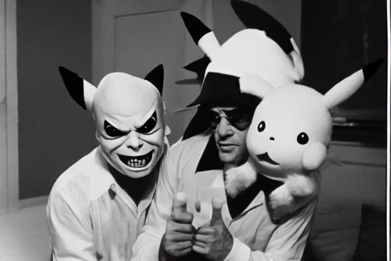 Image similar to Jack Nicholson dressed up in costume of Pikachu, scary, horror, still from the film by Stanley Kubrick