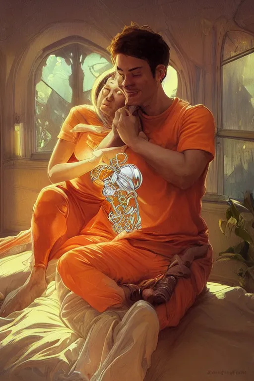 Image similar to portrait of tinfoil hat man in orange t - shirt hugging from behind his wife in a bed, feelings, romantic, fantasy, intricate, elegant, highly detailed, digital painting, artstation, concept art, smooth, sharp focus, illustration, art by artgerm and greg rutkowski and alphonse mucha