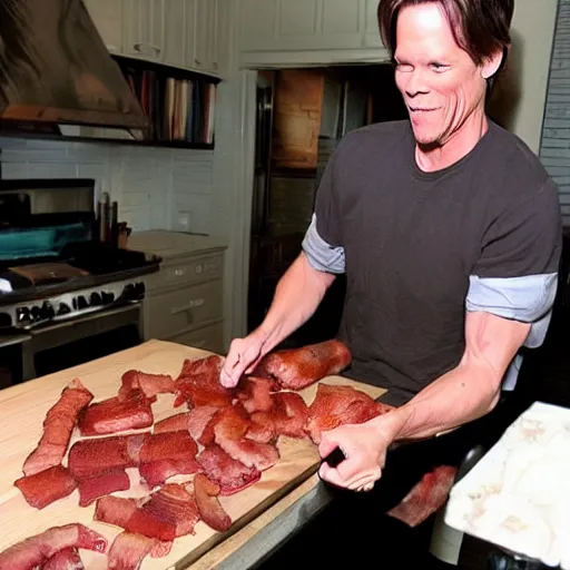 Prompt: kevin bacon making bacon