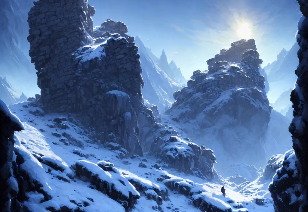 Prompt: stone fortress in a mountain pass covered in snow, epic blue sky, cinematic view, concept art, high detail, well lit, volumetric, godrays, vivid, trending on artstation, by jordan grimmer, art greg rutkowski