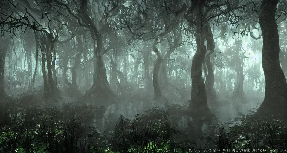 Image similar to A dense and dark enchanted forest with a swamp, from FF7