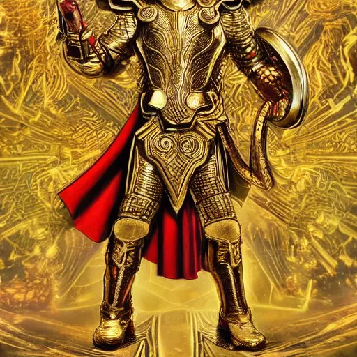 Prompt: Thor in Gold and Red Ornate Armor with Gold Wings, Lightening around the hands and eyes, levitating above the ground, highly detailed, intricate armor, symmetry