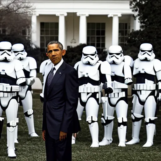 Image similar to Obama infront of an leading Army of Stormtrooper attacking the White house, Obama has a red lightsaber in his right hand, high field of view, focus is on Obama and the Stormtrooper behind him, 40nm lens, shallow depth of field, split lighting, 4k,