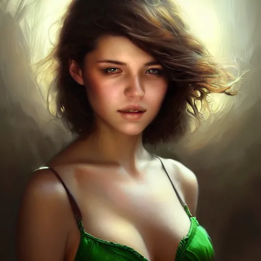 Prompt: beautiful young woman, green eyes, short brown hair, digital painting, extremely detailed, 4k, intricate, brush strokes, Mark Arian, Artgerm, Bastien Lecouffe-Deharme