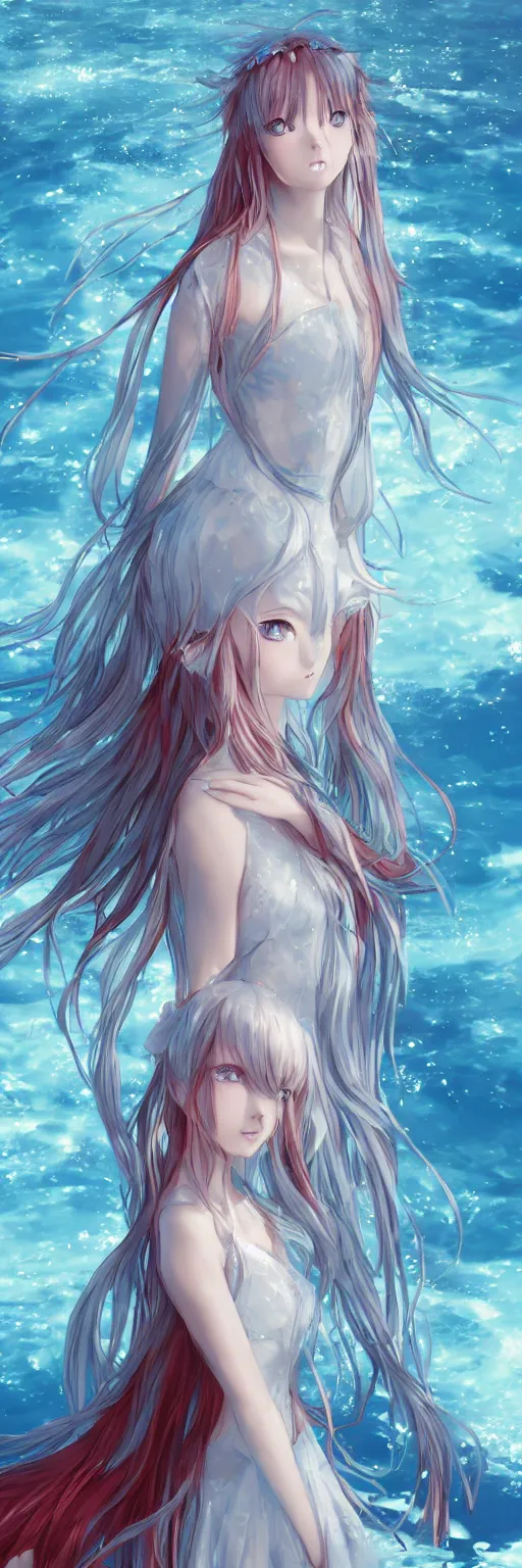 Image similar to advanced digital anime art, a very cute gorgeous teenage girl wearing a dress made of water standing in a reflective lake, full body, very long snow colored hair, sky blue highlights in hair, red fiery watery eyes, full round face, dramatic cinematic lighting, wideshot, highly intricately detailed, trending on pixiv, Artstation, painted by Rossdraws and the style of Sakimimichan