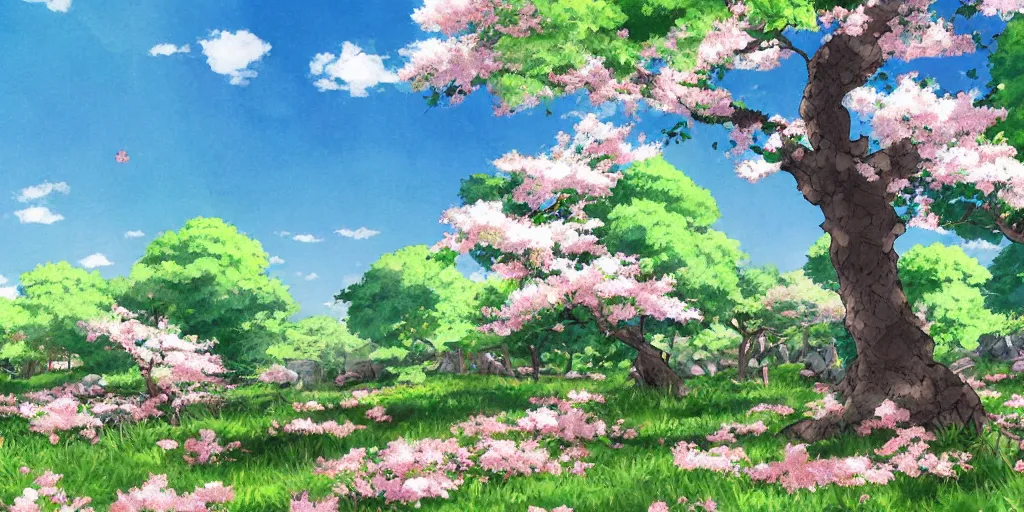 Image similar to Sakura forest on a sunny day, bloom, bright, landscape, very detailed, art by Studio Ghibli