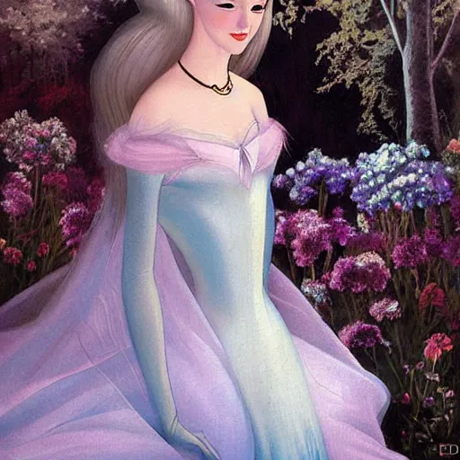 Prompt: A painting, beauty & mystery of Princess Aurora. Enigmatic smile and gaze invite us into her world, and we cannot help but be drawn in. Soft features & delicate way she is dressed make her almost ethereal. Landscape distance and mystery. What secrets Princess Aurora holds. Hadean by Gordon Parks, by Ed Emshwiller