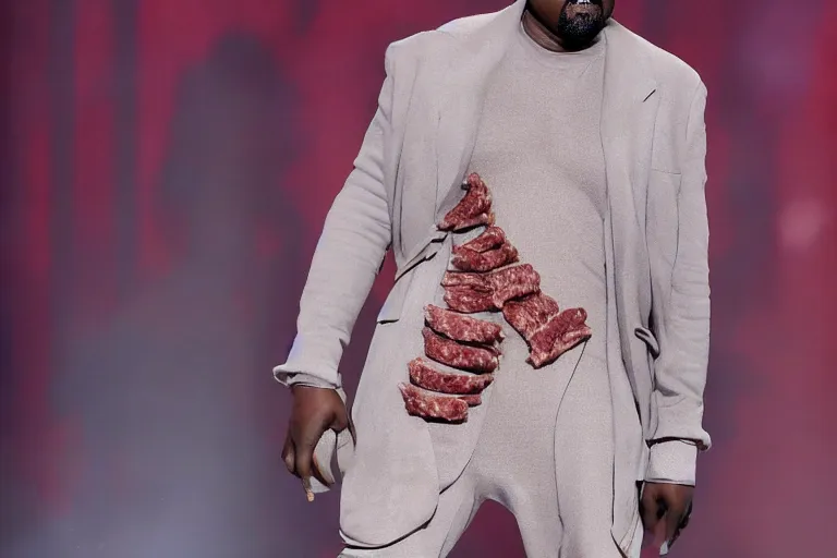 prompthunt: kanye west wearing a suit made of grass, full body photograph  on runway