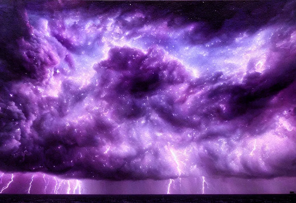 Image similar to purple color lighting storm with stormy sea close up of a pirate ship firing its cannons trippy nebula sky with dramatic clouds painting by banksy Photorealism