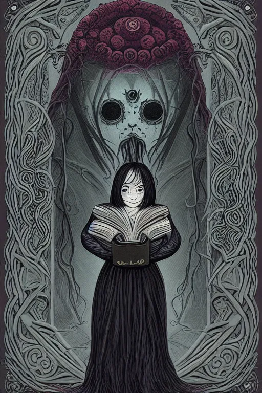 Image similar to ai illustration of romantic girl, her cat and her book of necronomicon, symmetrical, cinematic, sharp focus, 4 k, ultra hd, sense of awe, sinister demonic atmosphere, dreadful, forbidden knowledge, old gods, cthulhu, yog - sothoth! yah, yah, yah! cultist journal cover