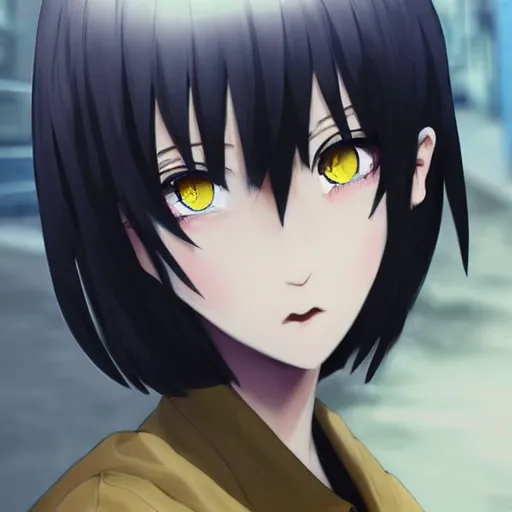 Image similar to 1 7 - year - old pale - skinned anime girl with black long bob cut, long bangs, black gothic jacket, black jeans, running through italian town, yellow sunshine, sepia sun, strong lighting, strong shadows, vivid hues, ultra - realistic, sharp details, subsurface scattering, intricate details, hd anime, 2 0 1 9 anime