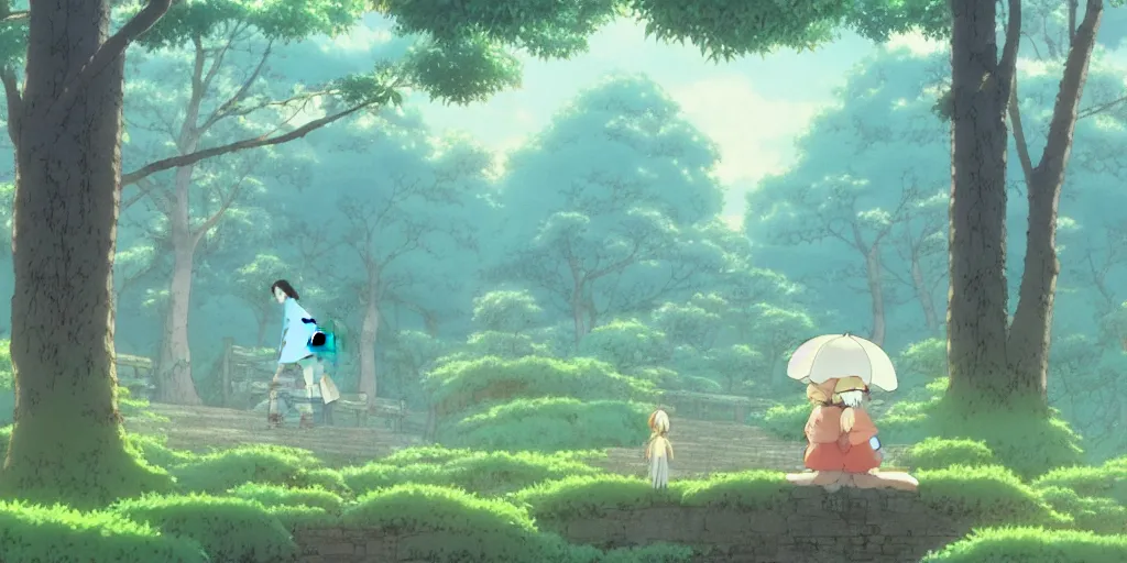 Image similar to the girl and the misty morning. anime visual of a cozy village in a magical forest. calm and peaceful mood. morning mist. illustrated by hayao miyazaki. anime production by studio ghibli. high quality, visually stunning, majestic, fall, official media