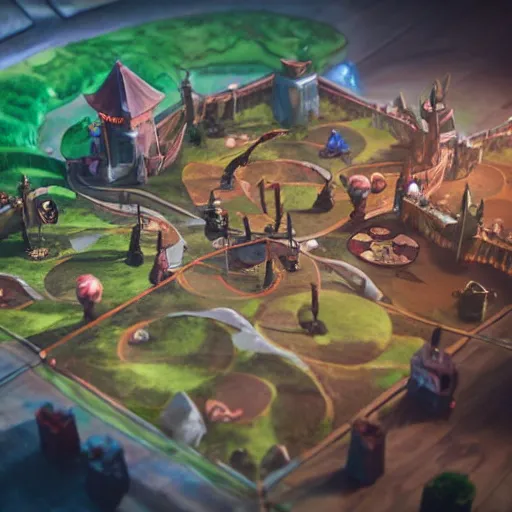 Prompt: a award winning photo of a stopmotion animation filming set of league of legends's map