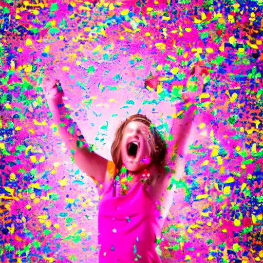 Image similar to girl exploding into a cloud of confetti, festive, neon, bright colors, daytime