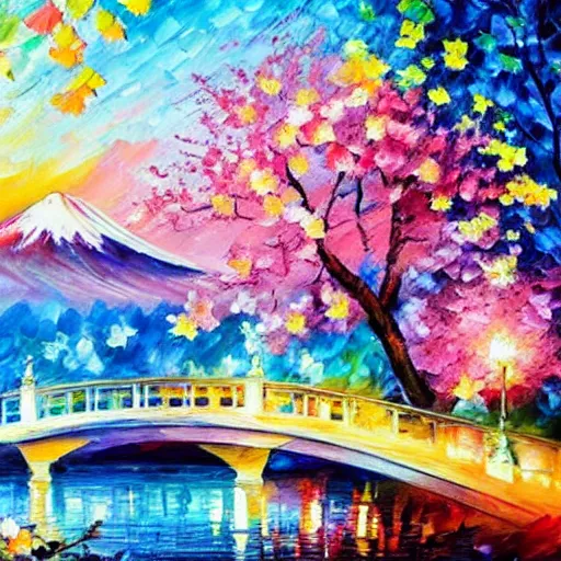 Image similar to beautiful leonid afremov highly detailed pastel watercolor painting of cherry blossoms in spring with mount fuji in the background. pastel colors, featured in art magazine